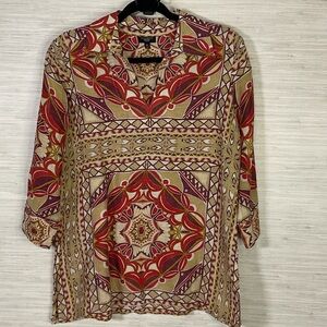 Talbots Red, Tan & Gold Printed Linen Silk V-Neck Tunic 8P Side Slit 3/4 Seeve